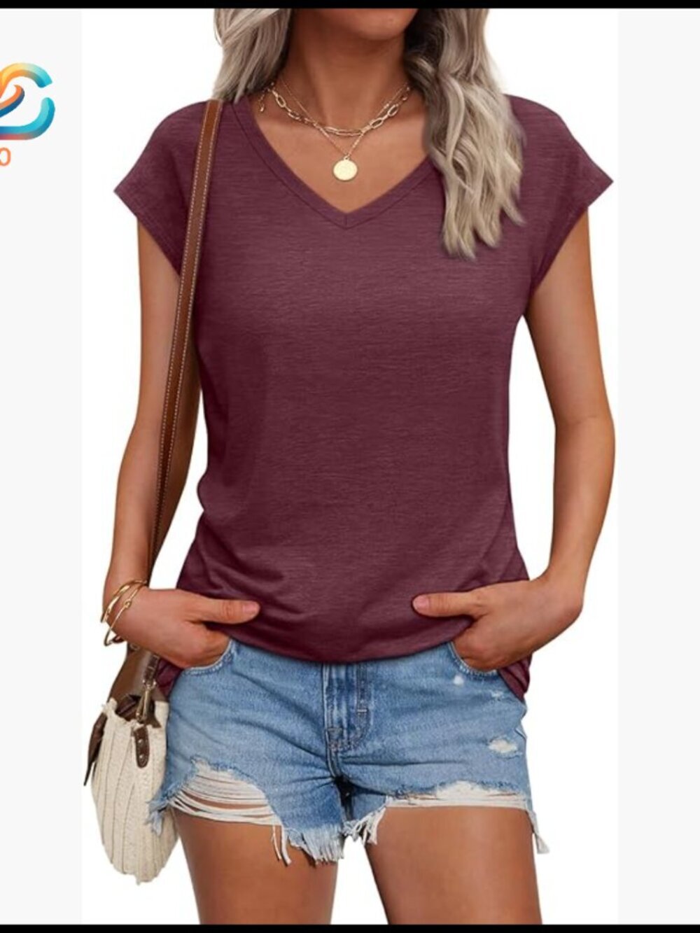V-Neck Cap Sleeve T-Shirt, Regular Fit, Polyester Blend, Casual Work Wear